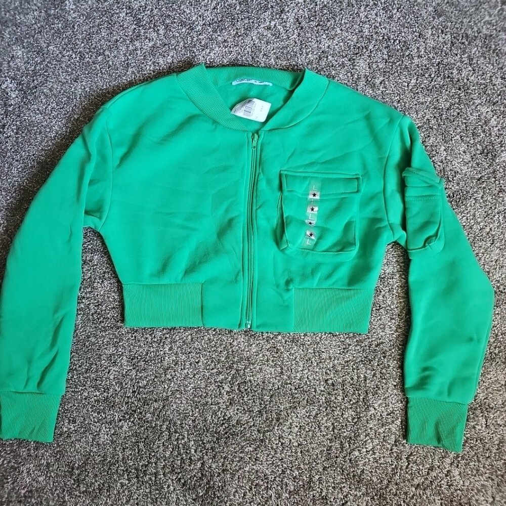 NWT Roma Concept by Rose Womens Large Green Cropped Full-Zip Hoodie w. Pockets